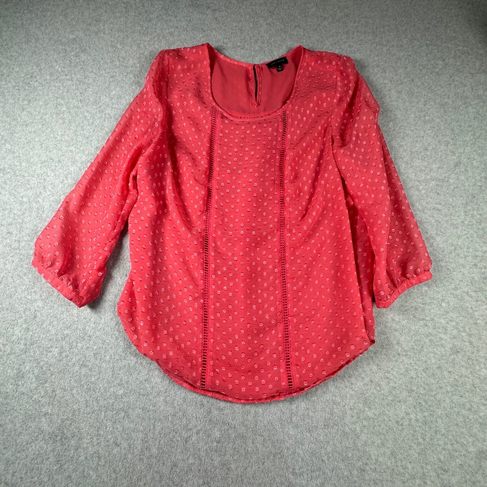 The Limited Coral Pink Clip Dot Blouse Ladder Lace Trim Keyhole Back Top Medium